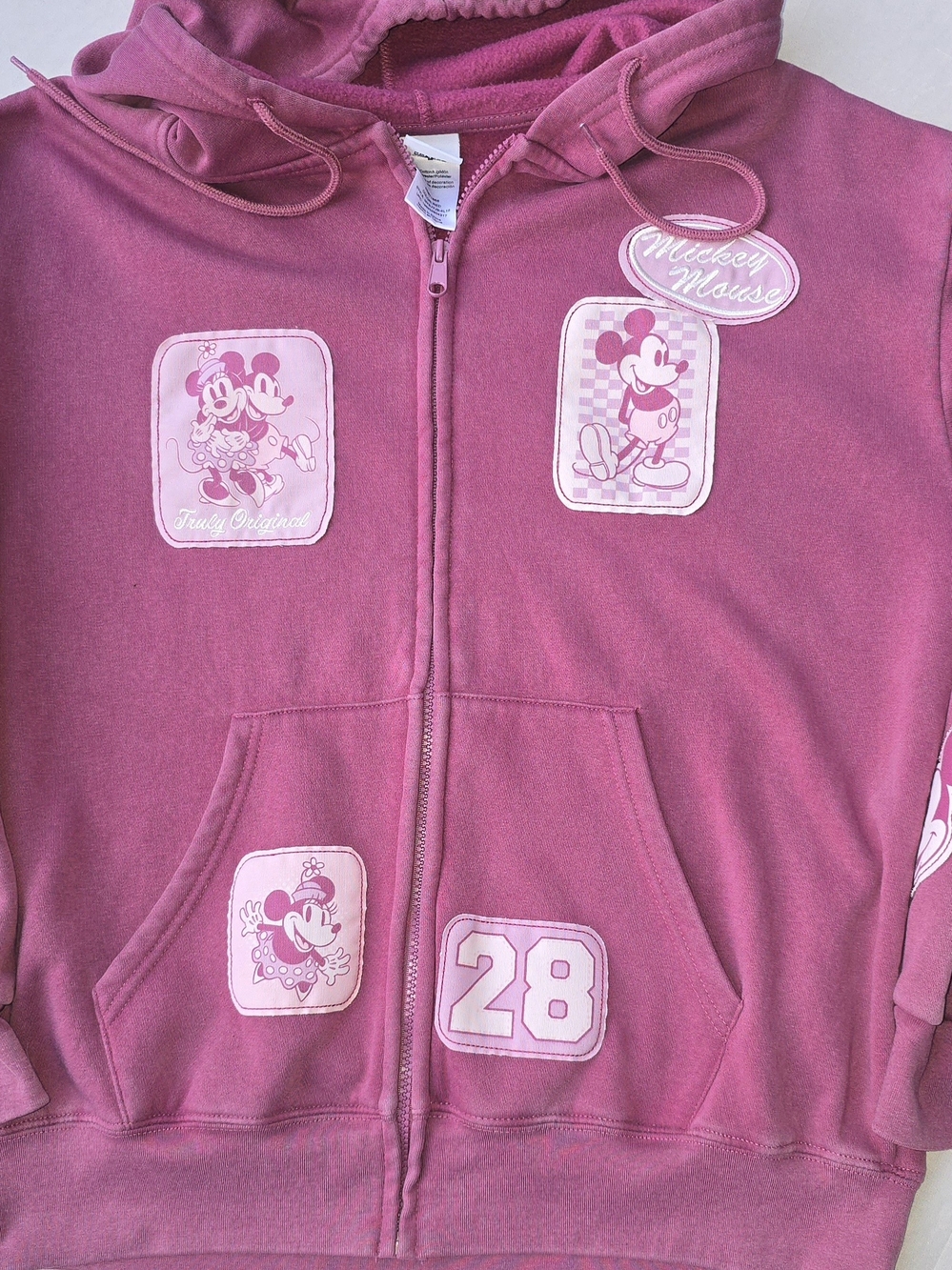 Disney Mickey & Minnie Mouse Pink Patchwork Full-Zip Hoodie - Size Large